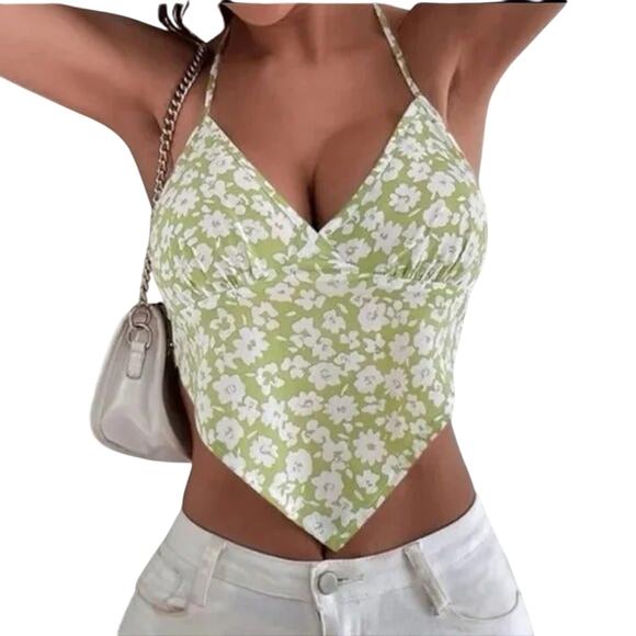 Floral Green White Handkerchief Hem V Neck Halter Tie Back Tank Top Size Medium - Picture 2 of 8